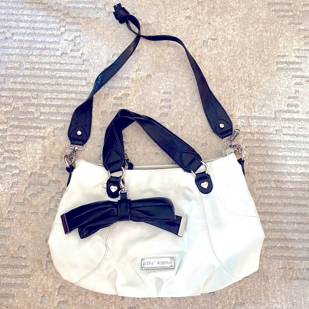 Betsey Johnson Hobo Satchel with bow black and white purse